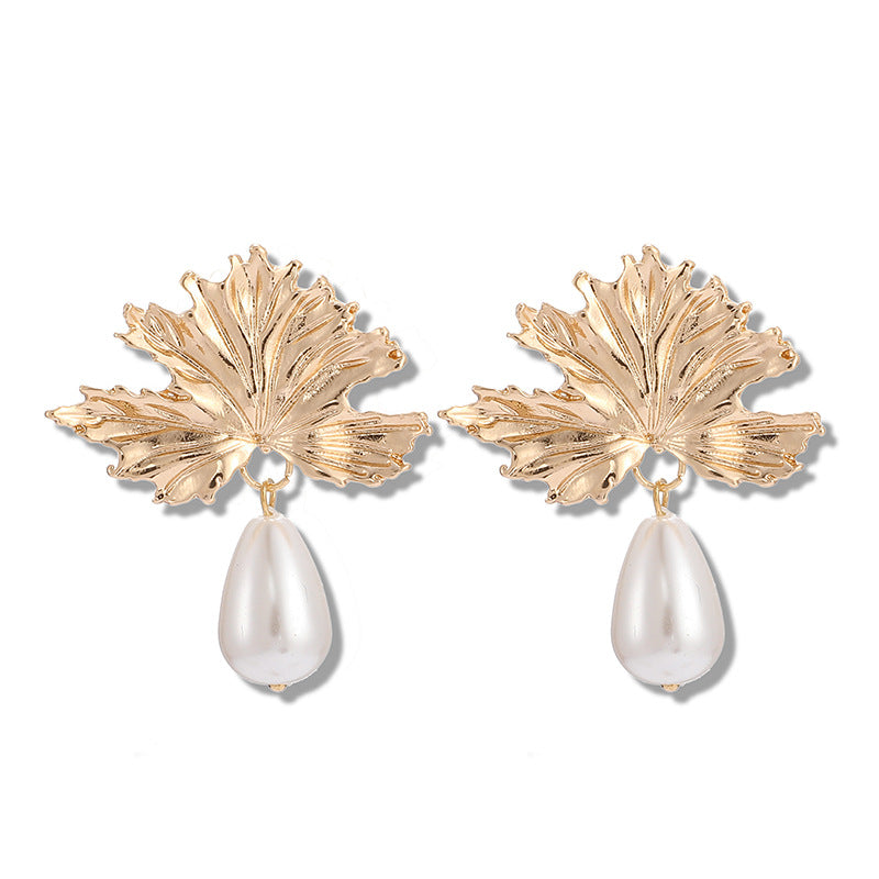 Gold Leaf Pearl Earrings